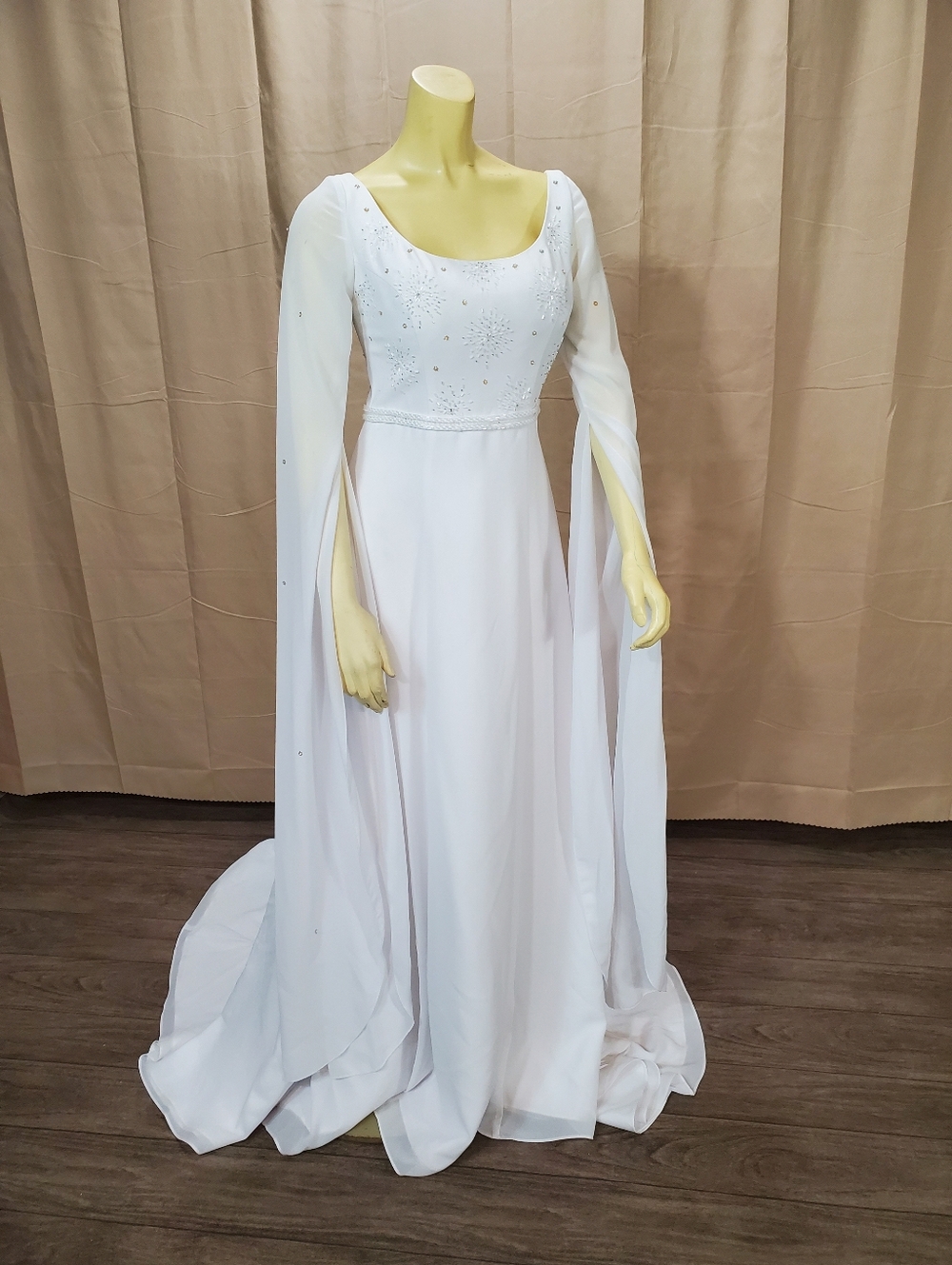 White Beaded Long-Sleeve Bridal Gown with Draped Sleeves - Picture 2 of 8